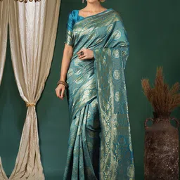 KALINI Ethnic Motifs Zari Silk Blend Banarasi Saree-image-46