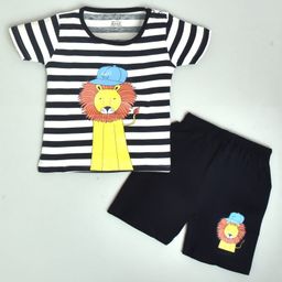 Kiwi 100% Cotton Half Sleeves Rugby Striped Lion Printed Tee With Coordinating Shorts - Black-image-45