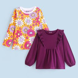 Honeyhap Premium 100% Cotton Single Jersey Knit Full Sleeves Top with Bio Wash Floral Print Pack of 2 - Blazing Orange & Dark Purple-image-17