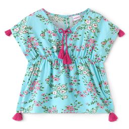 Babyhug 100% Woven Half Sleeves Kaftan Top with Floral Print & Tassel Detailing - Blue-image-27