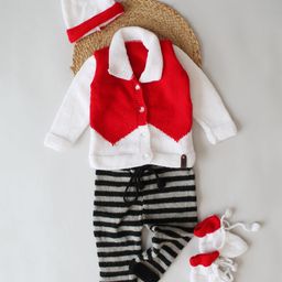 Woonie Full Sleeves Striped & Colour Block Detailed Hand Knitted Collared Sweater with Pants Cap And Socks - White-picture-32