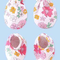 Babyhug 100% Cotton Knit Mittens & Booties Set Floral Print- White-image-93