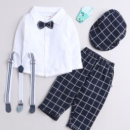 BUMZEE Full Sleeves Solid & Checked 4 Piece Suit Set - Navy Blue & White-picture-18