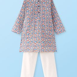 Babyhug Cambric Full Sleeves Printed Kurta Pyjama Set - White & Blue-image-38