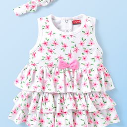 Babyhug 100% Cotton Knit Sleeveless Frock Style Onesie With Hairband Floral Print Bow Detailing - White-image-70