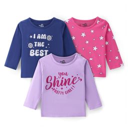 Doodle Poodle 100% Cotton Single Jersey Knit Full Sleeves Text & Star Printed T-Shirts Pack of 3 - Blue Pink & Purple-image-99