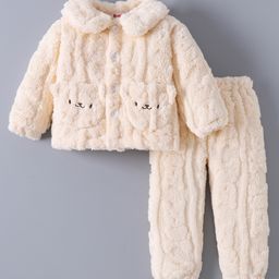 Kookie Kids Full Sleeves Winter Wear Night Suit With Bear Applique - Peach-image-76