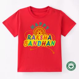 BLUSHES Rakhi Theme 100% Cotton Half Sleeves Happy Raksha Bandhan Text Printed Tee - Red-image-42