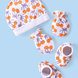 Babyhug 100% Cotton Cap Mittens And Booties FruitPrinted - White-image-83