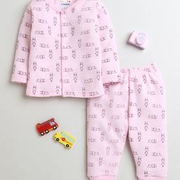 BUMZEE Full Sleeves Rabbit Printed Coordinating Tee With Fleece Joggers Set - Pink-image-54