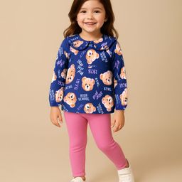 Babyhug Single Jersey Knit Full Sleeves Peter Pan Collared Teddy Printed Top & Leggings Set - Navy & Pink-image-80