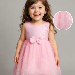 Babyhug Woven Sleeveless Fit & Flared Sequined Party Dress with Floral Embroidery & Bow Applique - Pink-image-71