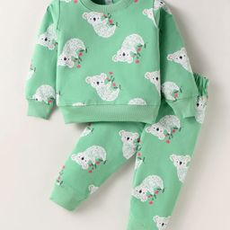 Evimo Looper Knit Full Sleeves T-Shirt & Lounge Pant Set With Koala Print - Light Green-image-17