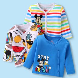 Babyhug Disney Interlock Knit Full Sleeves Front Open Jhablas With Mickey Mouse Graphics Pack Of 3 - Blue & White-image-15