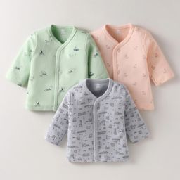 I Bears Interlock Knit Full Sleeves Front Open Vests with Vehicle & Birds Print Pack of 3 - Grey Light Green & Pink-7