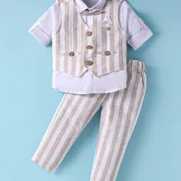 JASH KIDS Cotton Woven Full Sleeves Striped 3 Piece Party Suit with Bow - White-picture-30