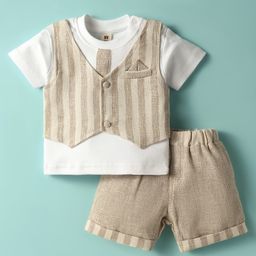 ToffyHouse Cotton Knit Half Sleeves T-Shirt & Shorts With Attached Waistcoat - Beige & White-image-65