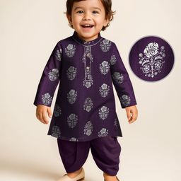 EARTHY TOUCH Single Jersey Knit Full Sleeves Dhoti Kurta Set with Floral Print - Purple-13
