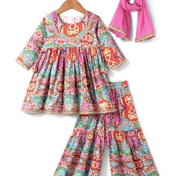 Babyhug Cotton Woven Three Fourth Sleeves Kurta Gharara Set with Floral Print - Pink Yellow & Red-image-100