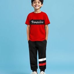 Trampoline Cotton Blend Half Sleeves Brand Name Text Printed Tee With Track Pants Set - Red & Black-image-38