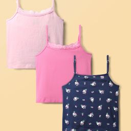Honeyhap Premium Cotton Elastane Knit Sleeveless Solid & Floral Printed Slips With Bio Finish Pack of 3 - Navy Peony Sachet Pink & Tander Touch-image-64