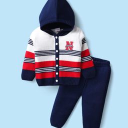 Babyhug Full Sleeves Hooded Front Open Sweater Set With Sports Stripe Design - White & Navy Blue-image-39