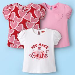 Babyhug 100% Cotton Knit T-Shirts with Text Heart Print & Patch Detailing Pack of 3 - Red Pink & White-image-39