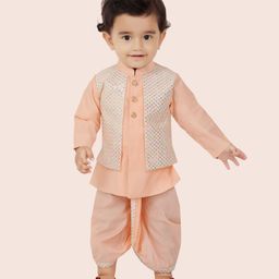little desi Art Silk Full Sleeves Sequins Embellished Kurta Dhoti Set - Peach-image-3