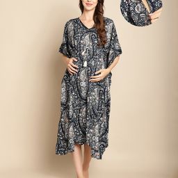Secret Wish Rayon Woven Half Batwing Sleeves Floral & Paisley Printed Maternity Kaftan Nighty With Side Seam Nursing Access - Navy Blue-image-99