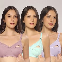 MomToBe Cotton Knit Pack Of 3 Solid Maternity Bras With Nursing Access - Lavender Aqua Blue & Purple-image-3
