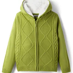 Pine Kids Knit Full Sleeves Front Open Hooded Sweater with Cable Knit Design - Light Green-picture-13