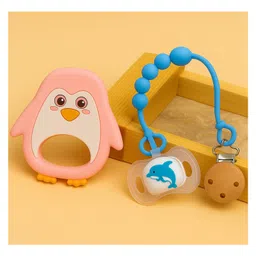 Badal Kidz Baby Pacifier with Chain & Soft Penguin Teether Combo ,Silicone, BPA Free - Blue & Pink-picture-14