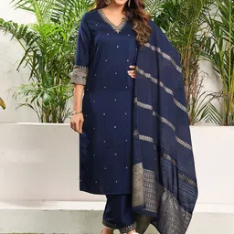 SANISA Floral Embroidered V-Neck Thread Work Straight Kurta With Trouser And Dupatta-12