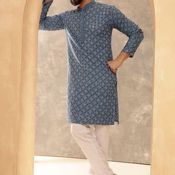 Anouk Blue Mandarin Collar Geometric Embroidered Sequinned Pure Cotton Straight Kurta-picture-10