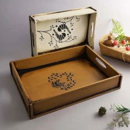 Aapno Rajasthan Brown & White Wooden Serving Tray - Set of 2-30