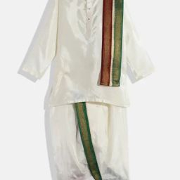 THANGAMAGAN Kids Cream Solid Full Sleeves Kurta, Panjagajam with Mayilkan-image-91