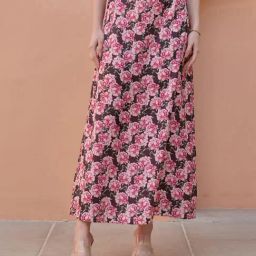 Pasha India Brown Straight Floral Flared Midi Skirt-image-60