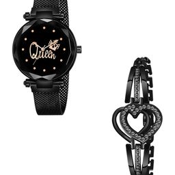 CSAMON Women Pack of 2 Watch with Bracelet Queen Black maganet Heart black Bracelet-image-28