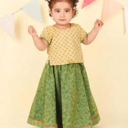 Fabindia Kids Green & Beige Cotton Regular Fit Printed Lehenga Set-image-7