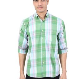 TAHVO Green & White Cotton Slim Fit Checks Shirt-image-63