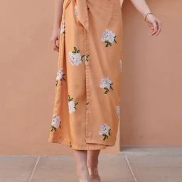 Pasha India Orange Knotted Floral Wrap Midi Skirt-image-9