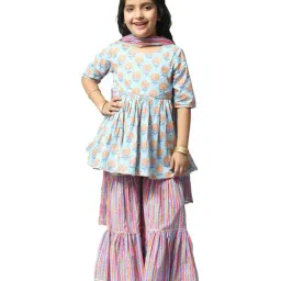 BIBA Girls Blue & Pink Cotton Printed Kurta Set-image-83