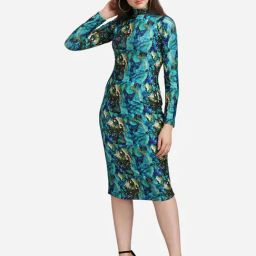 PURVAJA Turquoise Knitted Printed Bodycon Dress-image-84