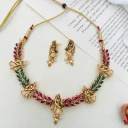 Abdesigns Gold-Tone Plated Kempstone Studded Temple Necklace & Earring Set-picture-35