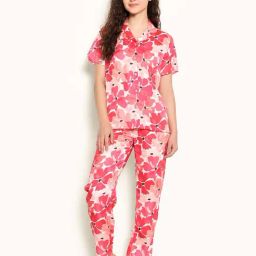 Clovia Red Floral Print Shirt Pyjamas Set-image-8