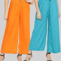 TWIN BIRDS Orange & Blue Mid Rise Palazzos - Pack Of 2-image-66