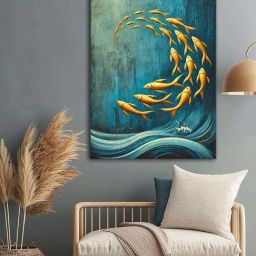 999Store Blue & Golden Canvas Golden Fish Swimming Art-35