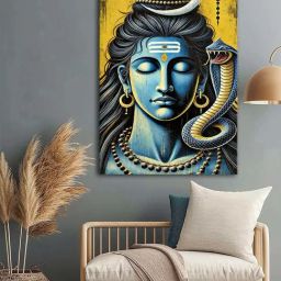 999Store Blue & Yellow Canvas Lord Shiva Art With Cobra And Trident-33