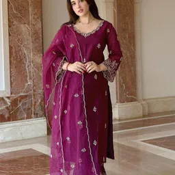 ODETTE Floral Embroidered V-Neck Thread Work Kurta With Trouser And Dupatta-picture-52