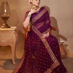 Kalista Ethnic Motifs Embroidered Pure Chiffon Saree-image-35
